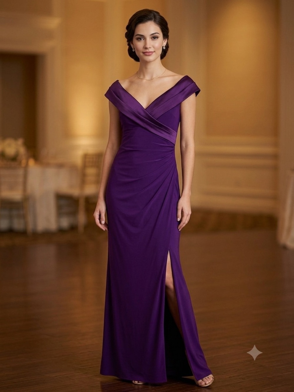 Lauren Ralph Lauren Off-Shoulder Portrait Collar Gown Purple Maxi Dress Size 8